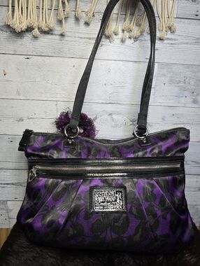 Y2K Coach Poppy Daisy Ocelot Glam Tote Purple Leopard Print Glitter Indie Sleaze